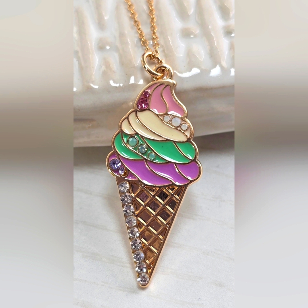 Colorful Enamel Gold Tone Ice Cream Cone with Crystals Pendant Necklace